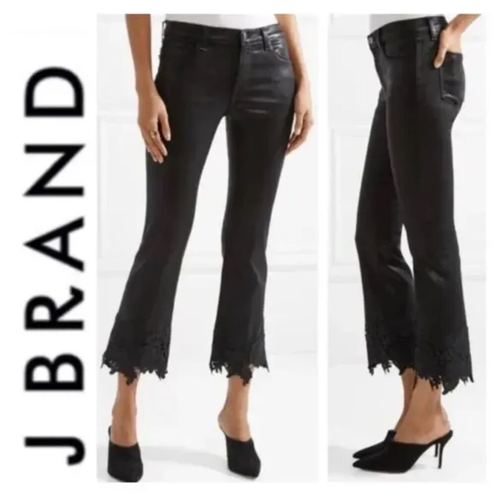 J BRAND Jeans Womens Size 27 Black Out Lace Hem Crop Stretch Denim SELENA